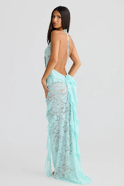 Cowl Halter Lace Cascade Ruffle Maxi Dress