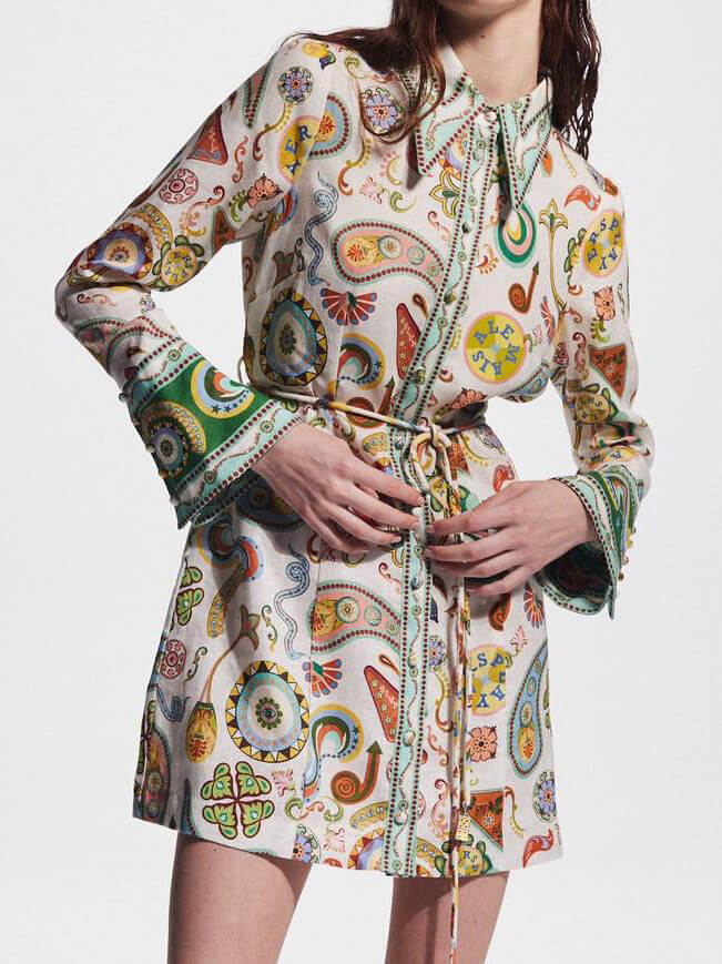 Paisley Print Belted Flared Cuff Long Sleeve Shirt Mini Dress