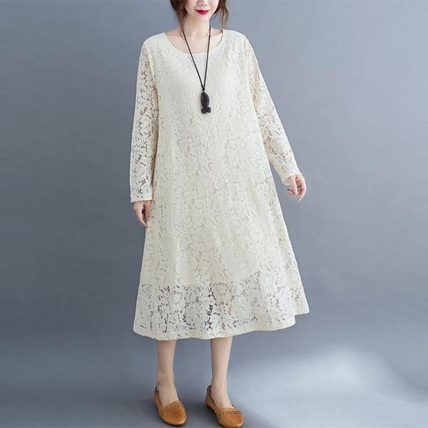 Round Neck Three Quarter Sleeve Floral Lace Overlay Shift Midi Dress