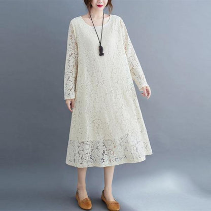 Round Neck Three Quarter Sleeve Floral Lace Overlay Shift Midi Dress