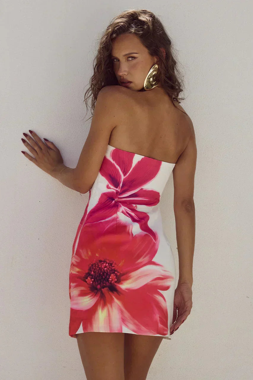 Strapless Tube Bodycon Large-Scale Lily Print Mini Dress