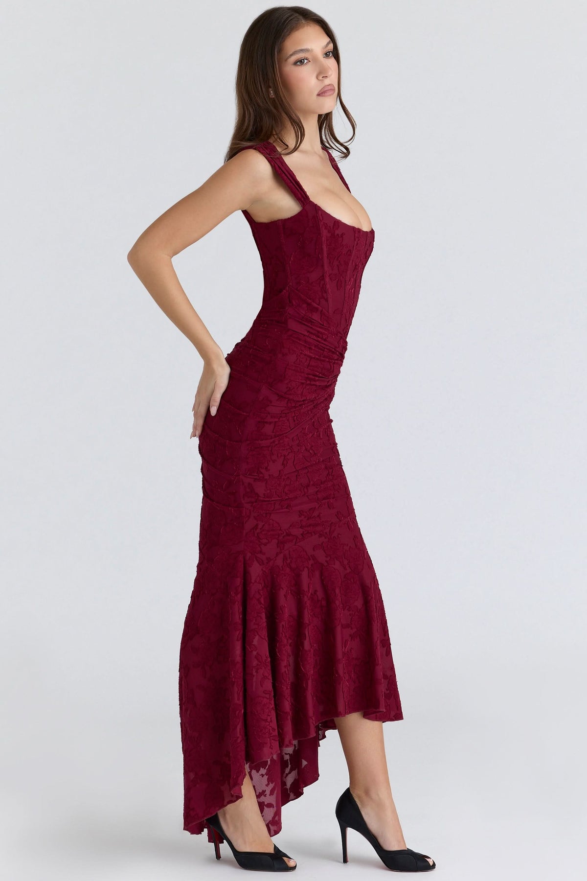 Floral Jacquard Corset Bodice Asymmetric Ruched Mermaid Midi Dress