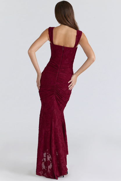Floral Jacquard Corset Bodice Asymmetric Ruched Mermaid Midi Dress