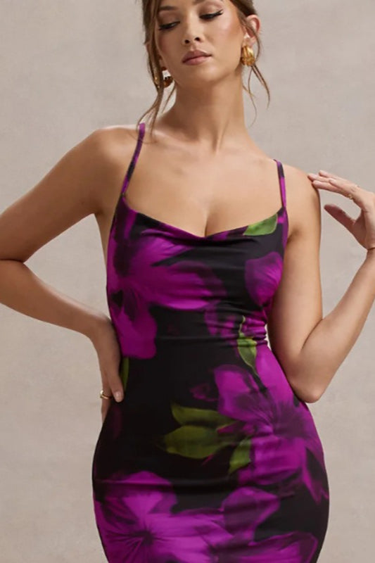Floral Print Cowl Neck Spaghetti Strap Bodycon Maxi Mini Dress