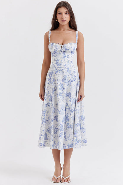 Floral Print Sweetheart Corset Bodice Wide Strap Fit and Flare Midi Dress