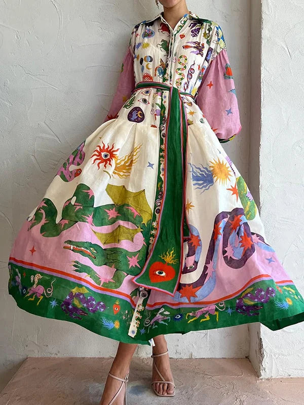 Pointed Collar Mythical Graphic Print Puff Sleeve Belted Maxi Dress
