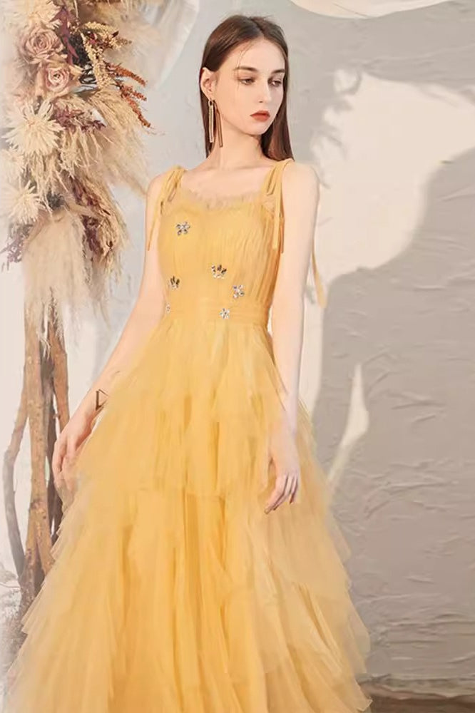Yellow Spaghetti Strap Ruched Bodycon Mini Dress