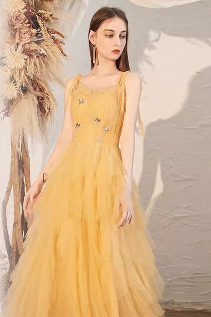 Yellow Spaghetti Strap Ruched Bodycon Mini Dress