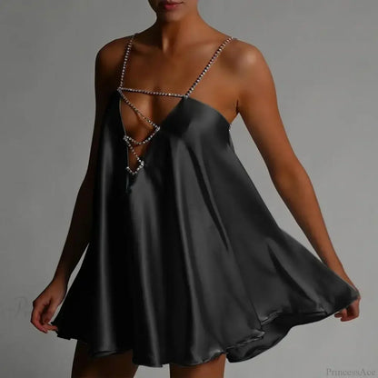 Rhinestone Cross Strap Plunging V Neck Satin Babydoll Mini Dress