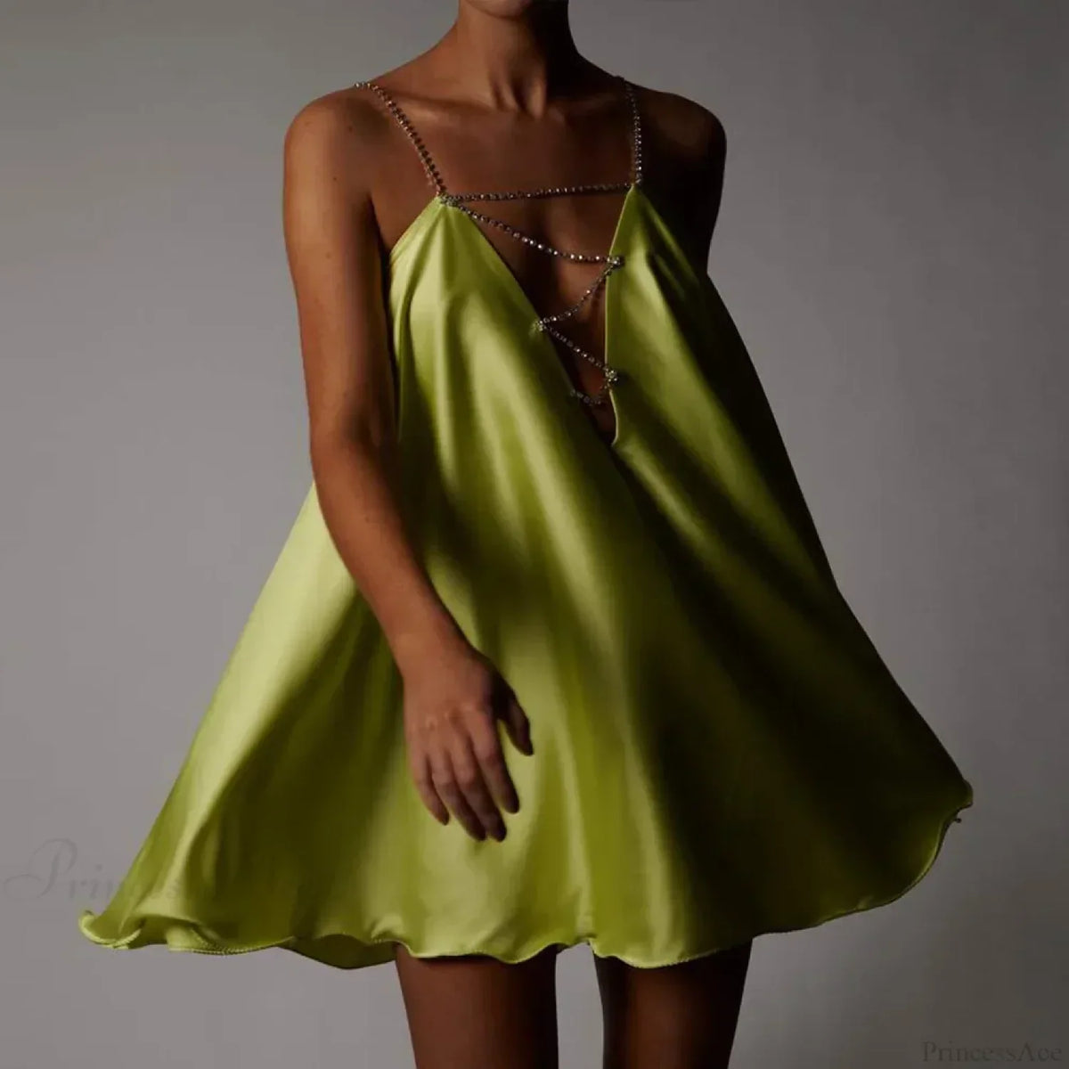 Rhinestone Cross Strap Plunging V Neck Satin Babydoll Mini Dress
