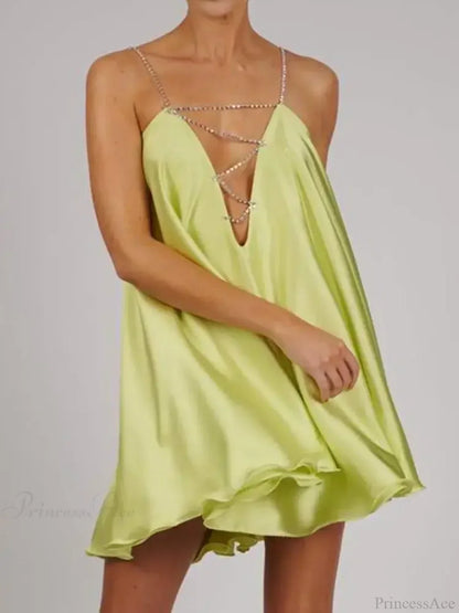 Rhinestone Cross Strap Plunging V Neck Satin Babydoll Mini Dress