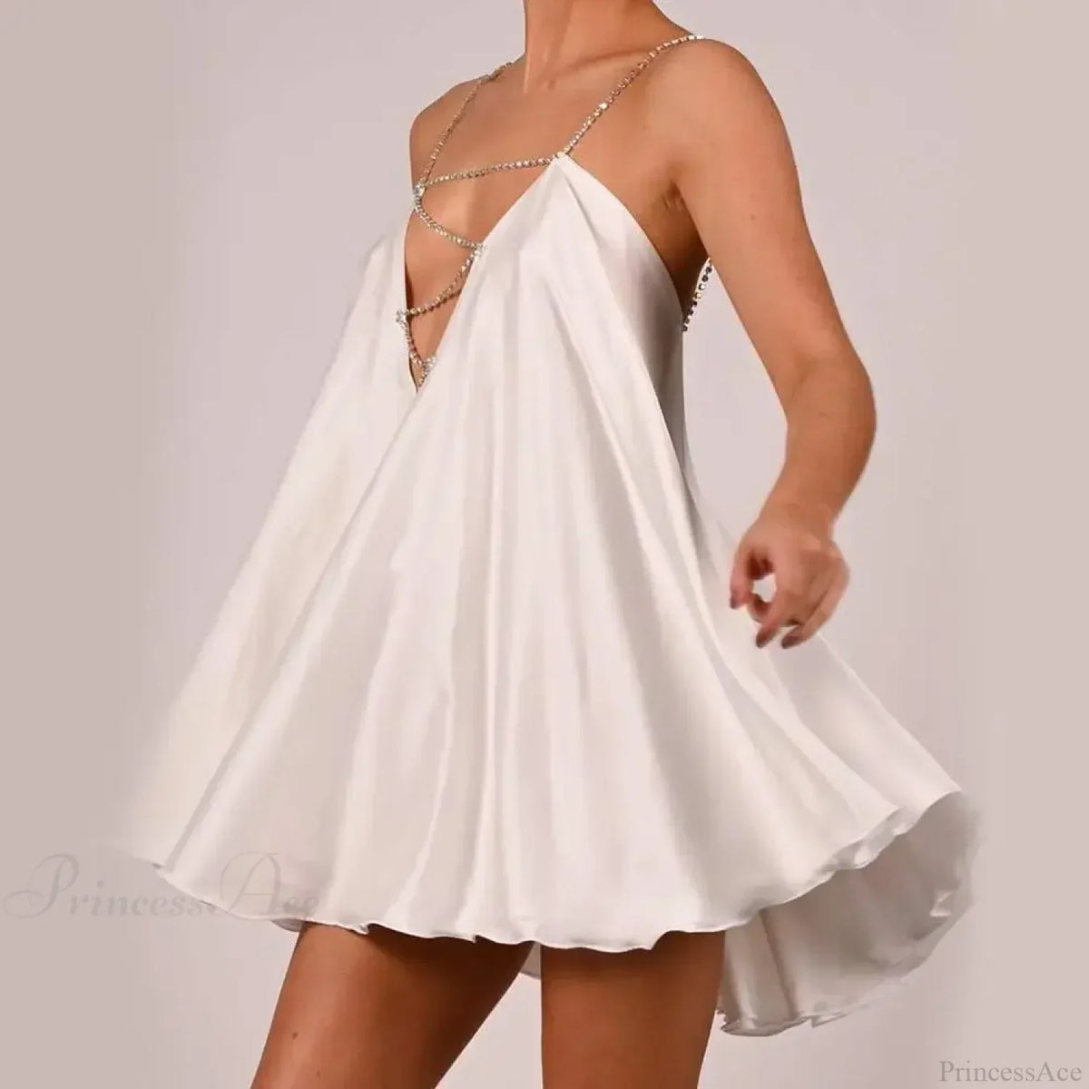Rhinestone Cross Strap Plunging V Neck Satin Babydoll Mini Dress