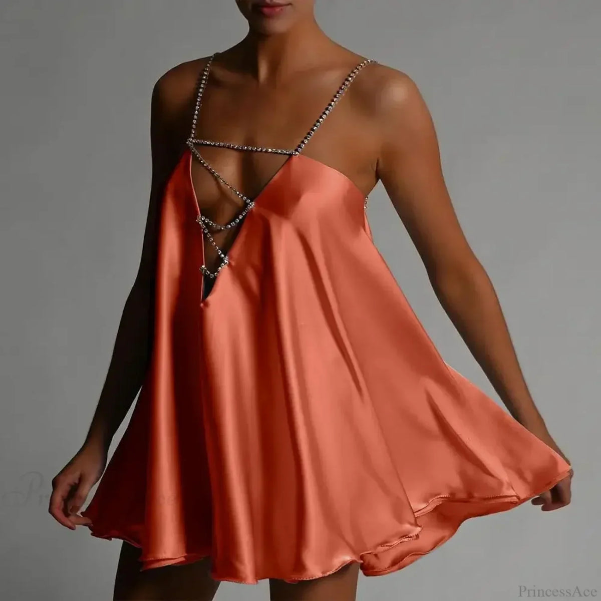 Rhinestone Cross Strap Plunging V Neck Satin Babydoll Mini Dress