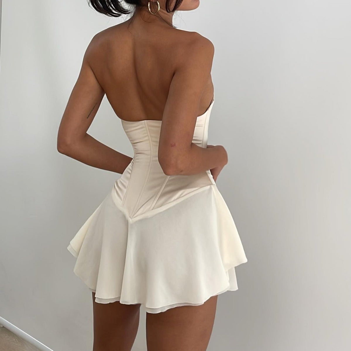 Strapless Lace Up Corset Bodice Organza Flared Mini Dress