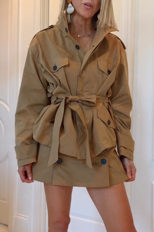 Chic Comfort Mid Rise Elastic Waist Contrast Buttons Pocket Mini Skort