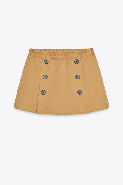Chic Comfort Mid Rise Elastic Waist Contrast Buttons Pocket Mini Skort