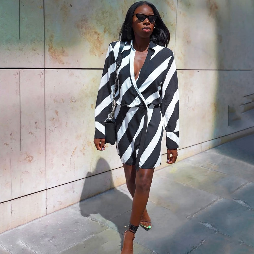 Collared Deep V-Neck Structured Shoulder Diagonal Stripe Wrap Mini Dress