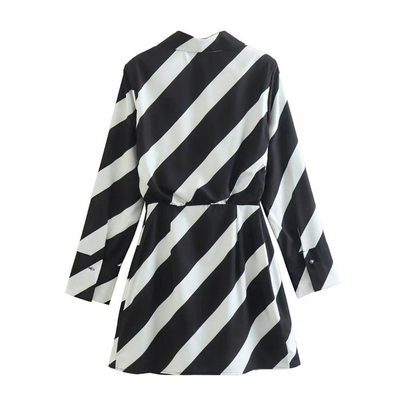 Collared Deep V-Neck Structured Shoulder Diagonal Stripe Wrap Mini Dress