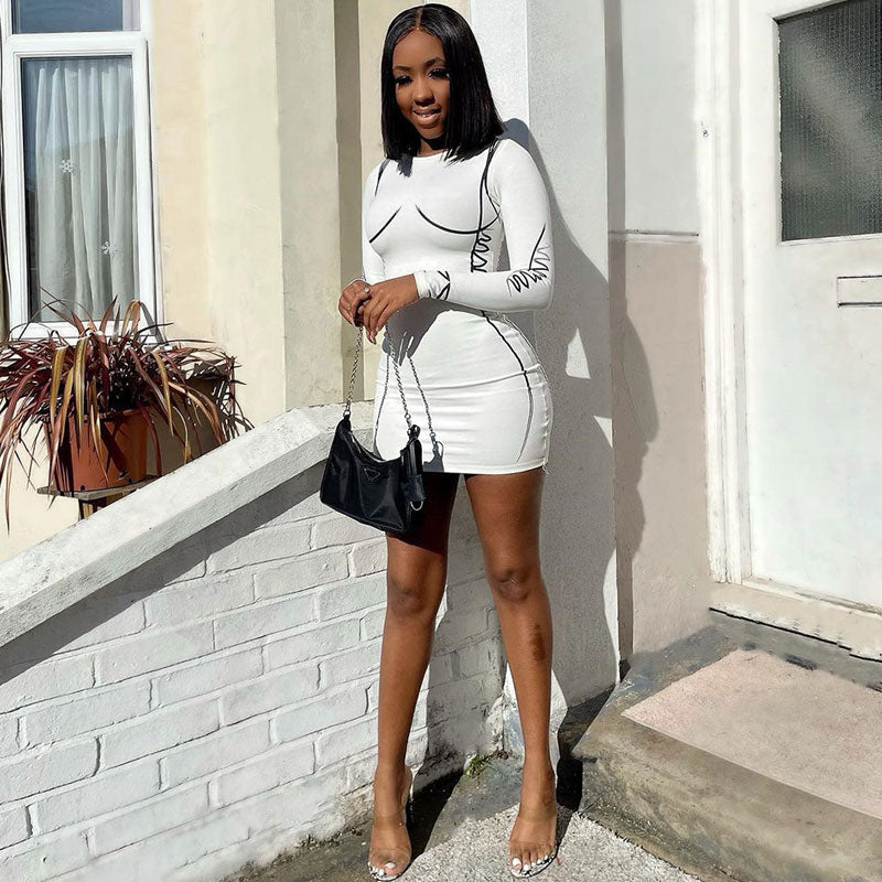 Round Neck Long Sleeve Body Contour Line Print Bodycon Mini Dress
