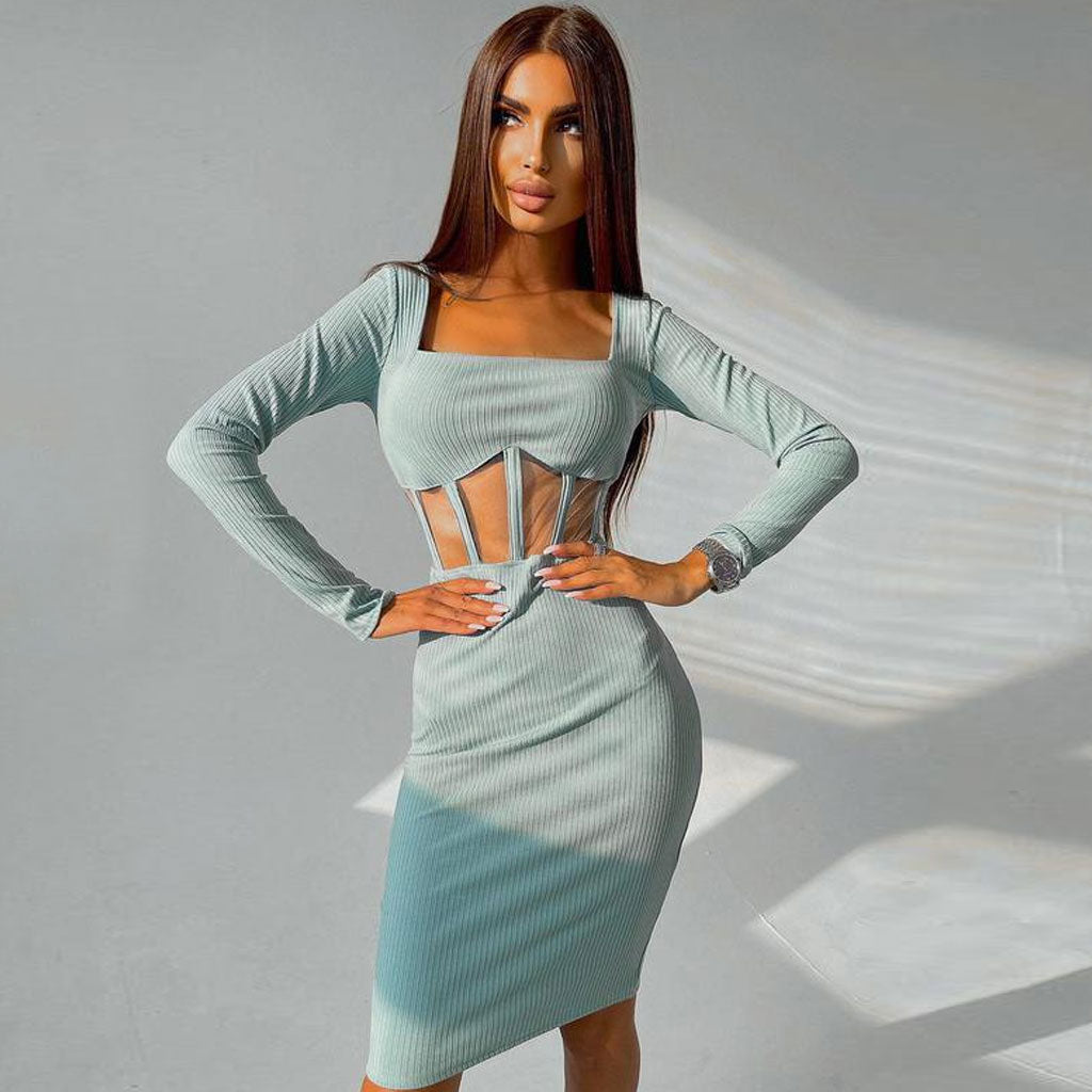 Square Neck Long Sleeve Mesh Boned Panel Rib Knit Midi Dress