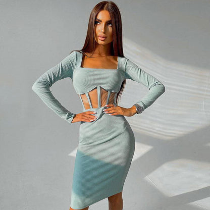 Square Neck Long Sleeve Mesh Boned Panel Rib Knit Midi Dress
