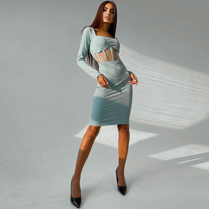 Square Neck Long Sleeve Mesh Boned Panel Rib Knit Midi Dress