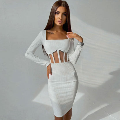 Square Neck Mesh Panel Rib Knit Long Sleeve Bodycon Midi Dress