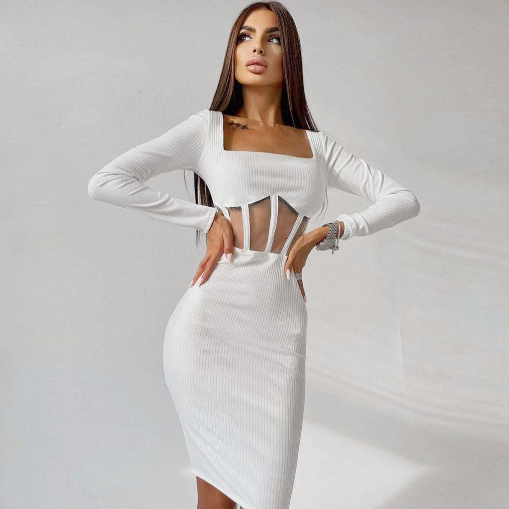 Square Neck Mesh Panel Rib Knit Long Sleeve Bodycon Midi Dress