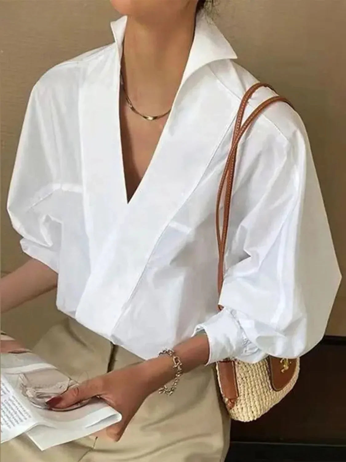 Chic V Neck Puff Sleeve White Blouse
