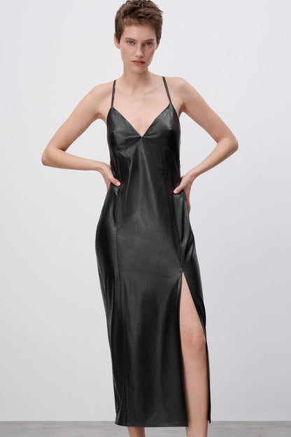 Faux Leather Panelled Deep V Neck Spaghetti Strap High Slit Midi Slip Dress