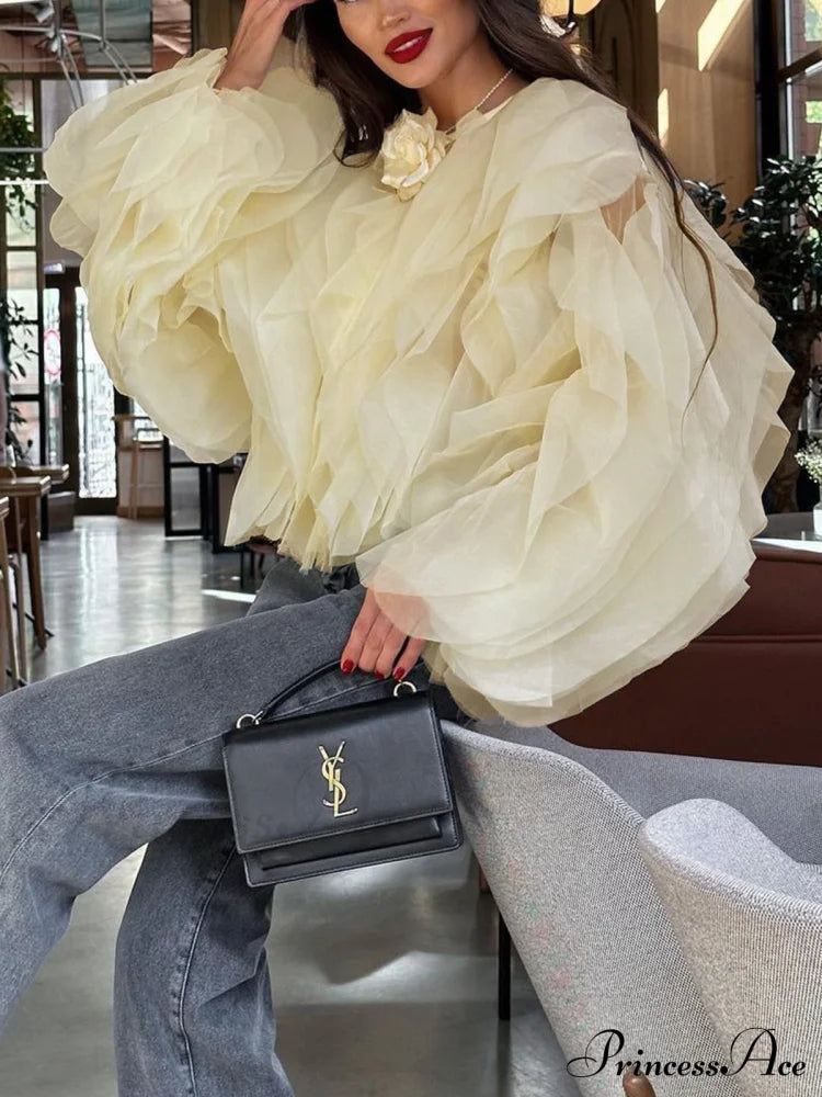 Chiffon Ruffled Graceful Crew Neck Blouse
