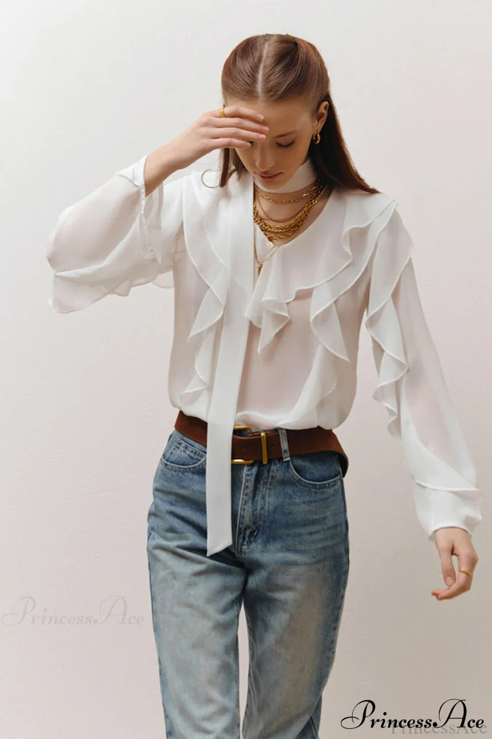 Chiffon Ruffled Long Sleeve V Neck Blouse
