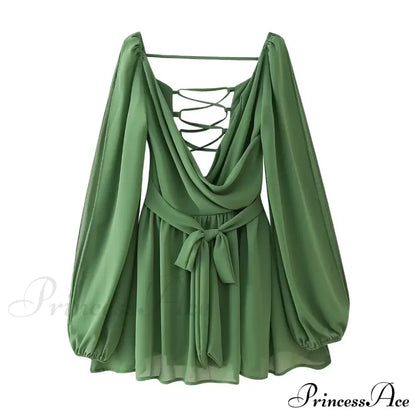 Chiffon Slit Long Sleeve Graceful Lace Up Mini Dress