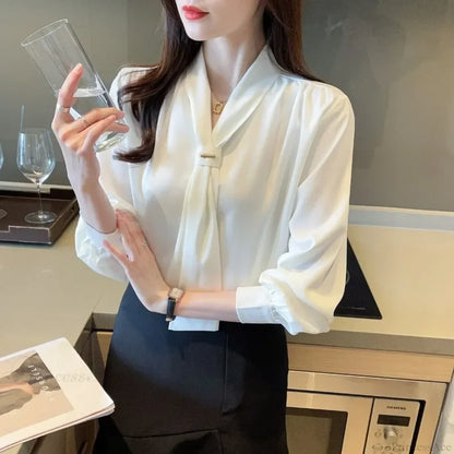 Chiffon V-neck Tie Loose Long Sleeve White Blouse