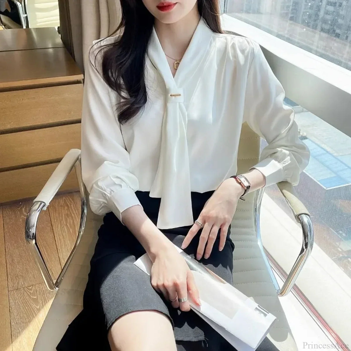 Chiffon V-neck Tie Loose Long Sleeve White Blouse