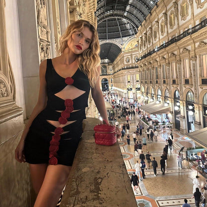 Deep V Neck Vertical Cutout 3D Rosette Applique Bodycon Mini Dress