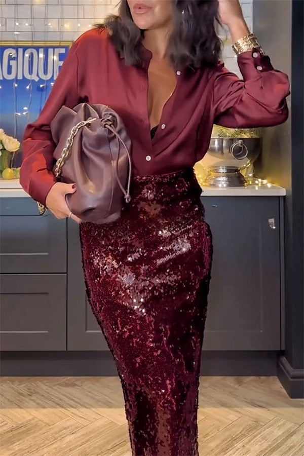 Feeling Festive Satin Button Up Long Sleeve Loose Blouse
