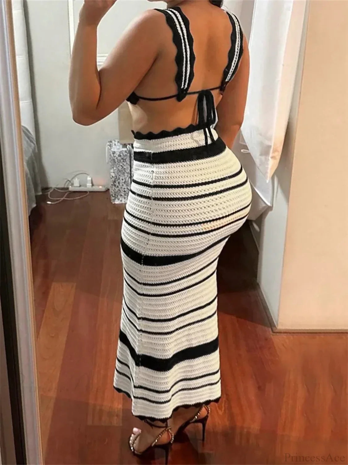 CHRONSTYLE Women 2 Pieces Knitted Skirts Outfits Striped Print Cropped Tank Tops with High Waist Slim Long Skirts Set Beach 2024