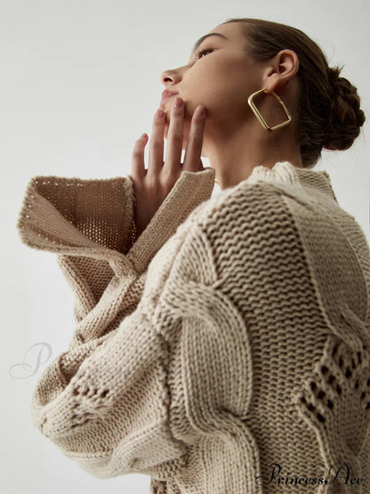 Chunky Cable Knit Trendy Mock Neck Sweater