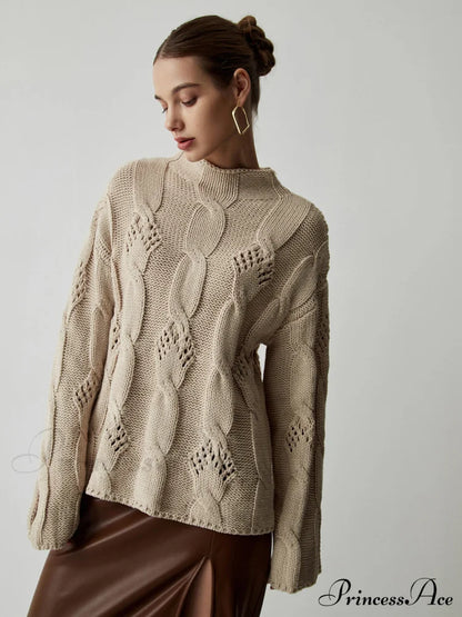 Chunky Cable Knit Trendy Mock Neck Sweater