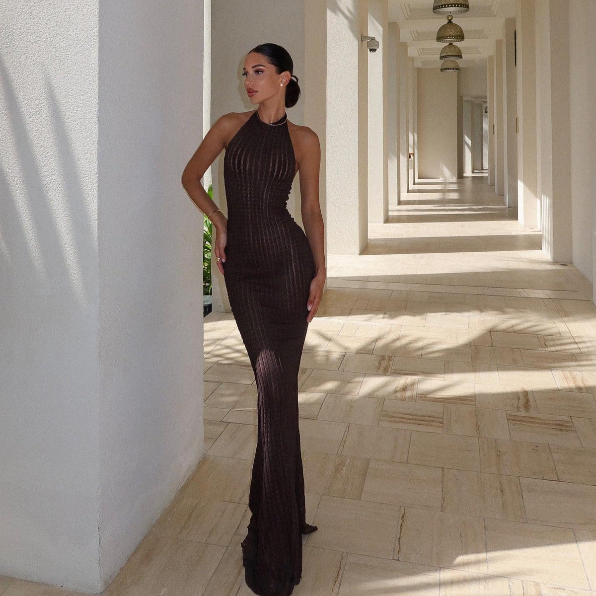 Halter Open Back Rib Knit Maxi Dress