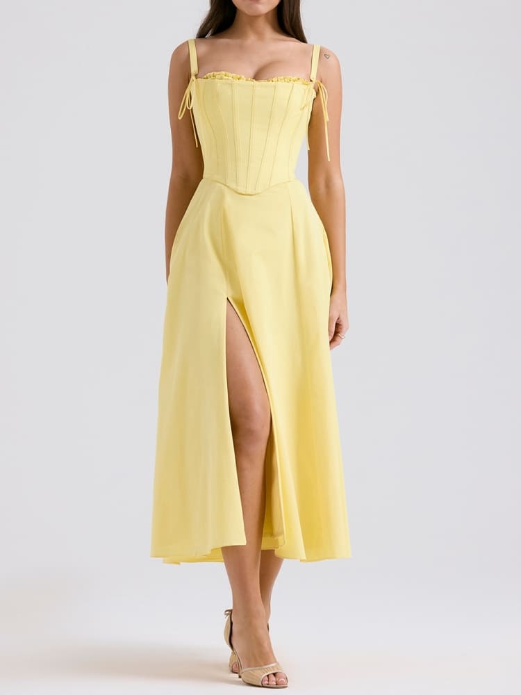 Off Shoulder Sweetheart Corset Ruffle Bodice High Slit Maxi Dress