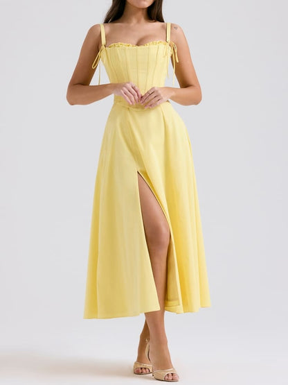 Off Shoulder Sweetheart Corset Ruffle Bodice High Slit Maxi Dress