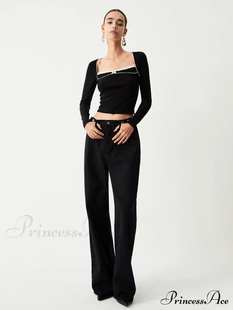 Contrast Trim Lace Trendy Long Sleeve Crop Top