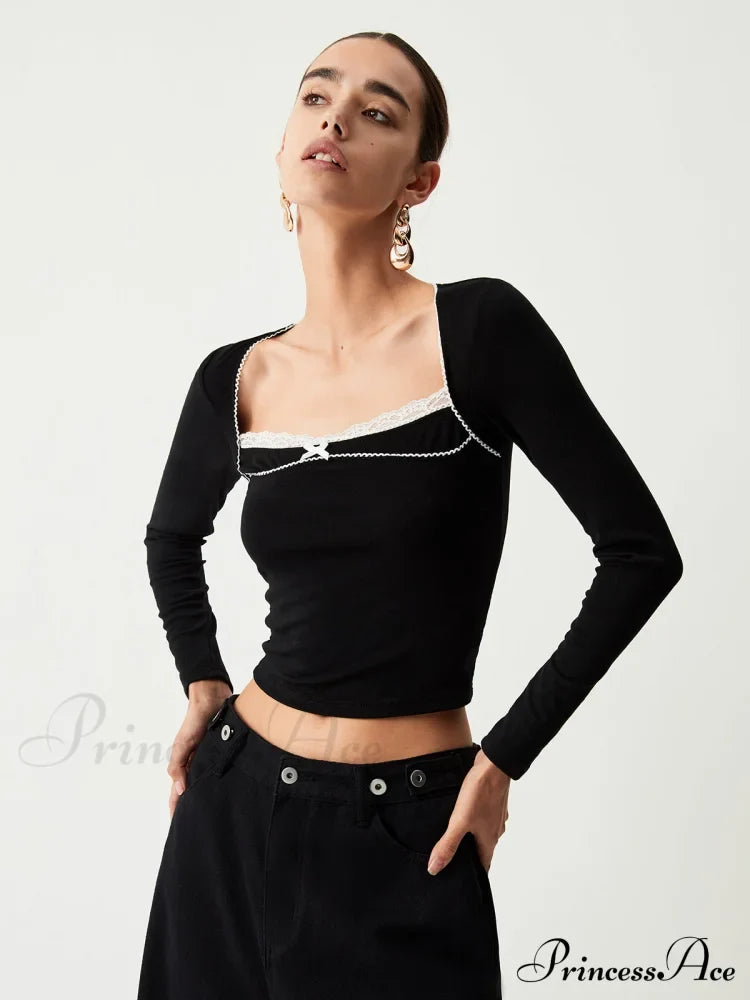 Contrast Trim Lace Trendy Long Sleeve Crop Top