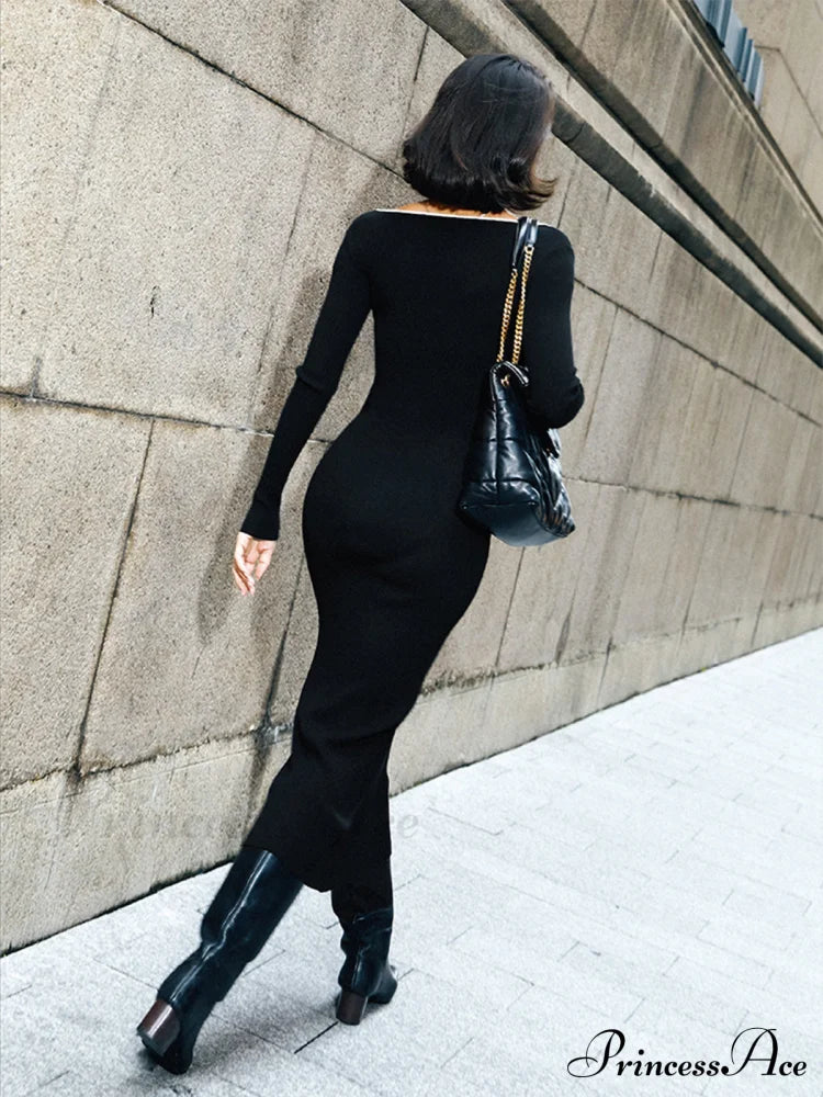 Contrast Trim Low Trendy Cut Knit Long Dress