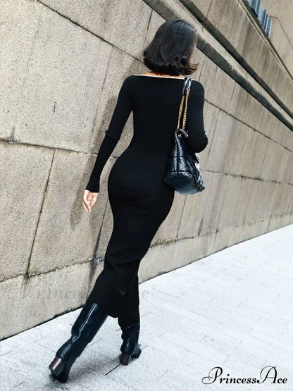 Contrast Trim Low Trendy Cut Knit Long Dress