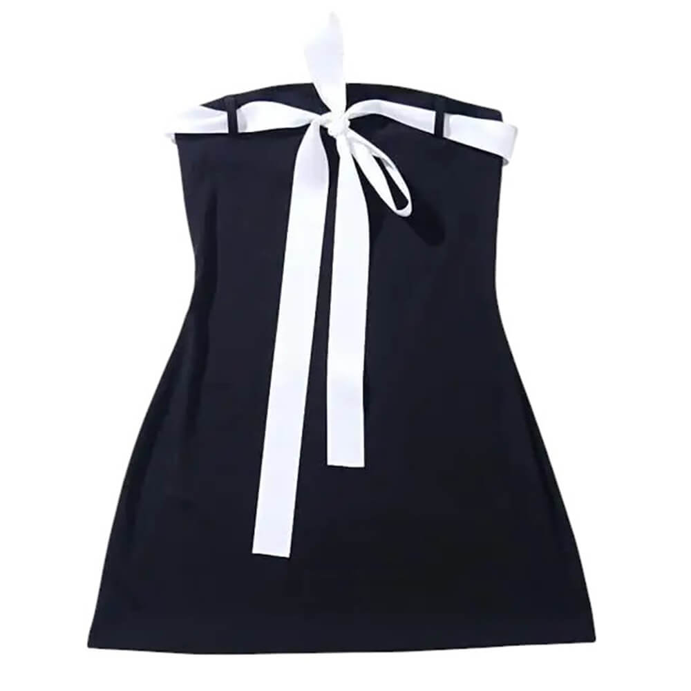 Strapless Contrast Bow Ribbon Tail Mini Dress