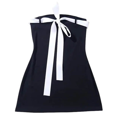 Strapless Contrast Bow Ribbon Tail Mini Dress
