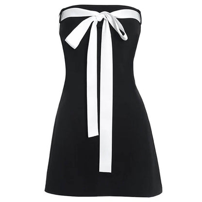 Strapless Contrast Bow Ribbon Tail Mini Dress
